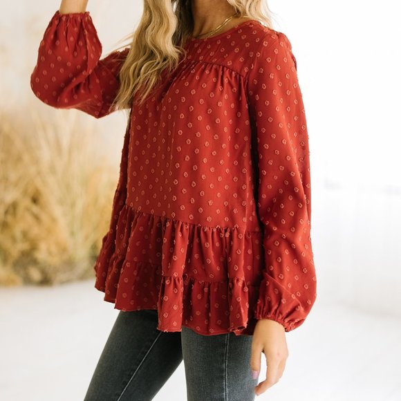 Long Sleeve Rust Colored Ruffle Top - Picture 3 of 7